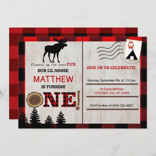 Moose Lumberjack Birthday Invitation Briefkaart (Voorkant / Achterkant)