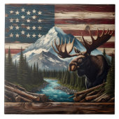 Moose met bergen en vlag achtergrond tegeltje (Voorkant)