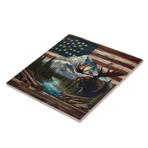 Moose met bergen en vlag achtergrond tegeltje