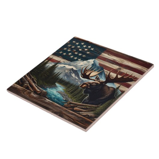 Moose met bergen en vlag achtergrond tegeltje (Zijkant)