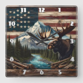 Moose met bergen en vlag achtergrond vierkante klok (Voorkant)