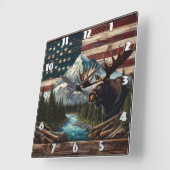 Moose met bergen en vlag achtergrond vierkante klok (Hoek)