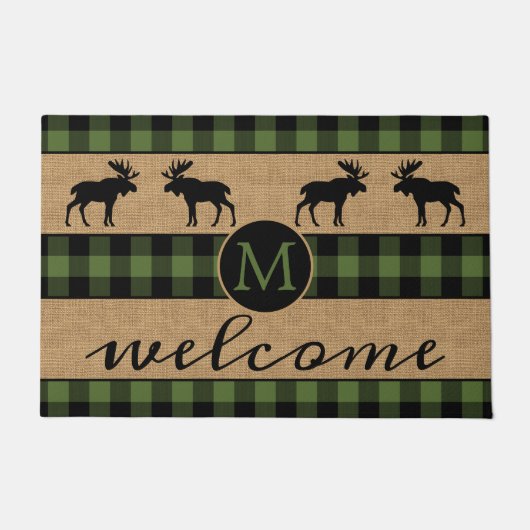 Moose on Green Black Buffalo Check Pset Pattern Deurmat (Voorkant)