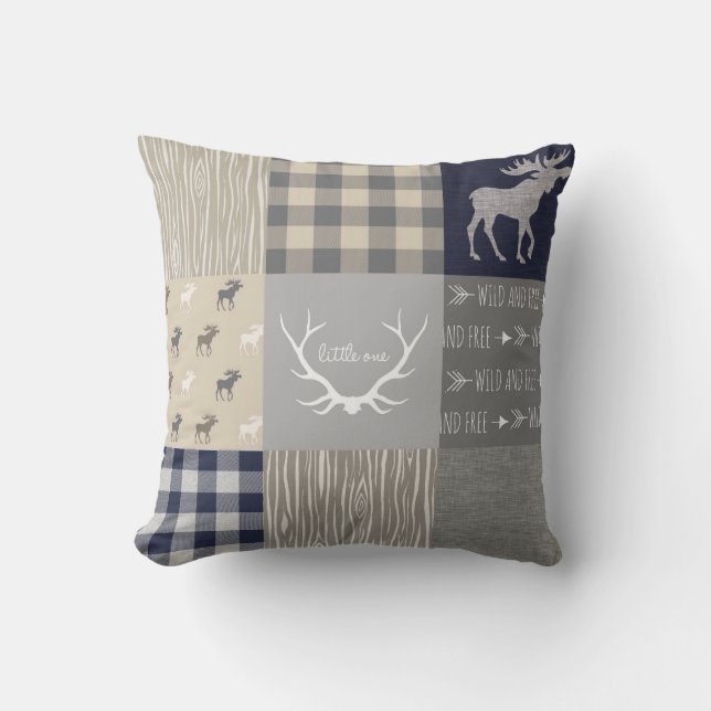 Moose Patchwork Pillow - marine, Tan Grey Kussen (Voorkant)