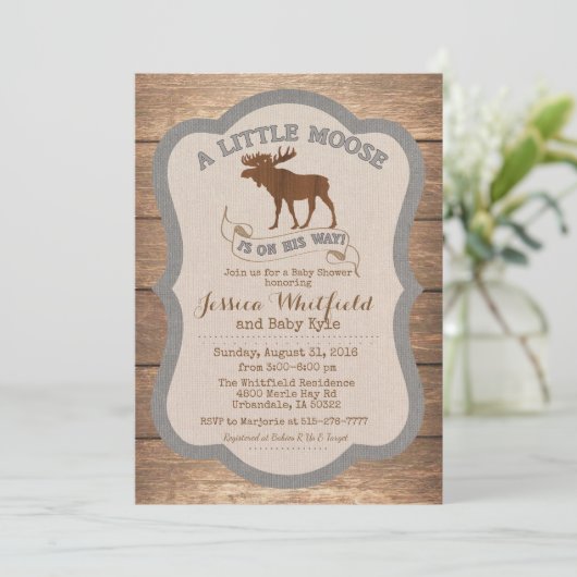 Moose rustieke Houten Baby shower Invitation Kaart (Staand voorkant)