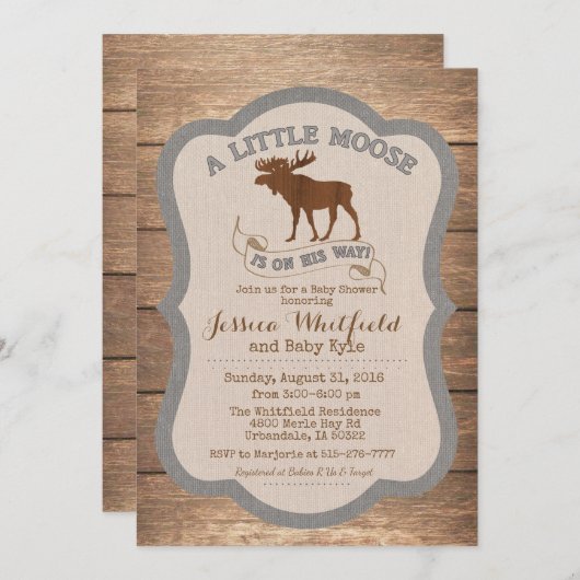 Moose rustieke Houten Baby shower Invitation Kaart (Voorkant / Achterkant)