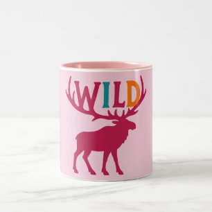Moose silhouet kunst met wilde gewei typografie tweekleurige koffiemok