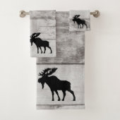 Moose Silhouette Grey Wood Pattern Bath Towel Set Bad Handdoek (Insitu)