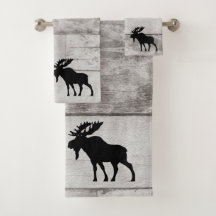 Moose Silhouette Grey Wood Pattern Bath Towel Set