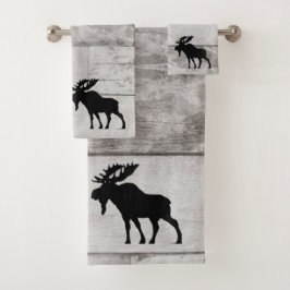 Moose Silhouette Grey Wood Pattern Bath Towel Set Bad Handdoek