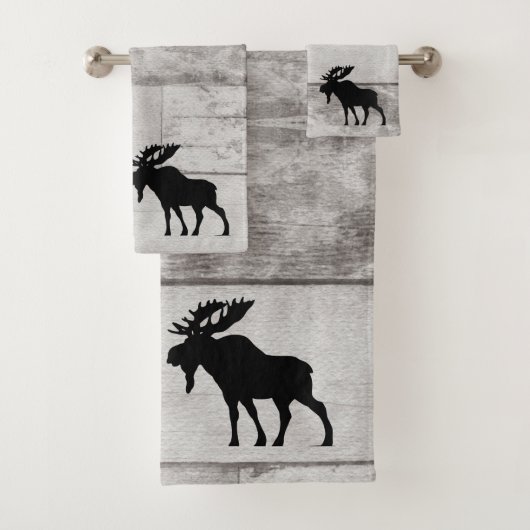 Moose Silhouette Grey Wood Pattern Bath Towel Set Bad Handdoek (Insitu)
