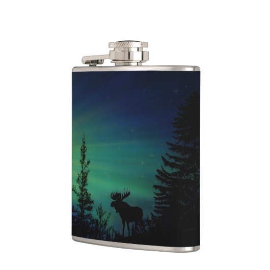 Moose silhouette in Forest Northern Lights Heupfles (Links)