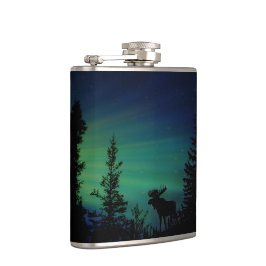 Moose silhouette in Forest Northern Lights Heupfles (Rechts)