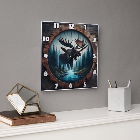 Moose Staande bij een stroom in een bos Vierkante Klok (Kantoor)