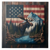 Moose tegen Amerikaanse vlag en berglandschap Tegeltje (Voorkant)
