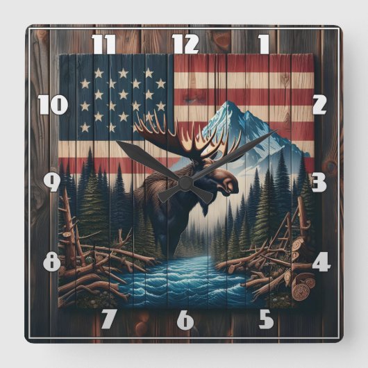 Moose tegen Amerikaanse vlag en berglandschap Vierkante Klok (Voorkant)