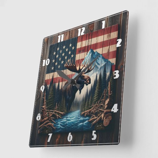 Moose tegen Amerikaanse vlag en berglandschap Vierkante Klok (Hoek)