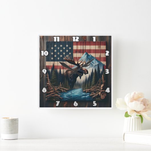 Moose tegen Amerikaanse vlag en berglandschap Vierkante Klok (Huis)