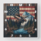Moose tegen Amerikaanse vlag en berglandschap Vierkante Klok (Voorkant)