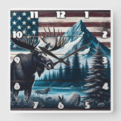 Moose tegen berg- en vlagachtergrond vierkante klok (Voorkant)