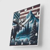 Moose tegen berg- en vlagachtergrond vierkante klok (Hoek)