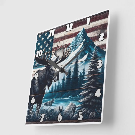 Moose tegen berg- en vlagachtergrond vierkante klok (Hoek)