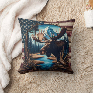 Moose voor Mountain en Amerikaanse vlag Kussen