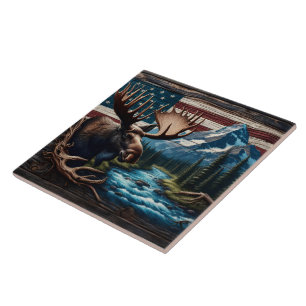 Moose voor Mountain en Amerikaanse vlag Tegeltje