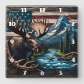 Moose voor Mountain en Amerikaanse vlag Vierkante Klok (Voorkant)