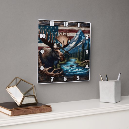 Moose voor Mountain en Amerikaanse vlag Vierkante Klok (Kantoor)