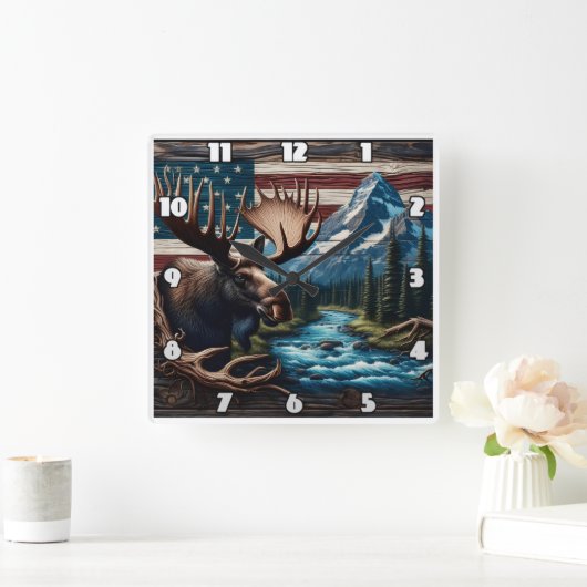 Moose voor Mountain en Amerikaanse vlag Vierkante Klok (Huis)