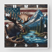 Moose voor Mountain en Amerikaanse vlag Vierkante Klok (Voorkant)