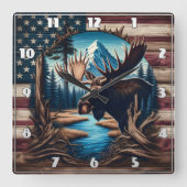 Moose voor Mountain en Amerikaanse vlag Vierkante Klok (Voorkant)