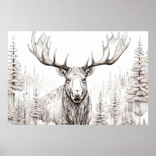 Moose Vreedzame Natuur Prairie Schets Tekenstijl Poster (Voorkant)