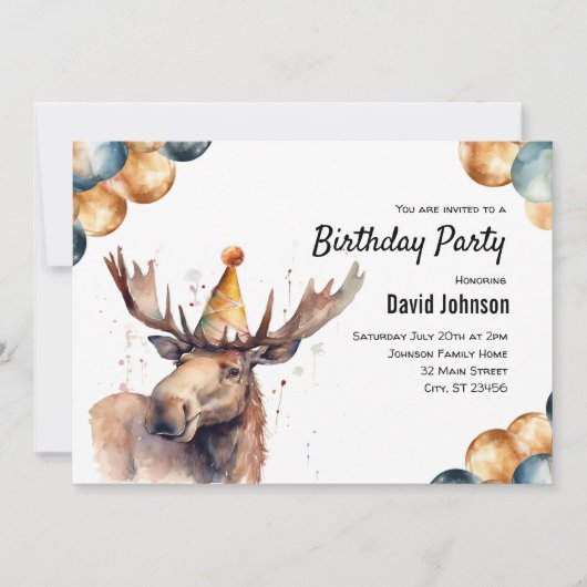Moose Waterverf Woodland Animal Birthday Party Kaart (Voorkant)