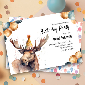 Moose Waterverf Woodland Animal Birthday Party Kaart