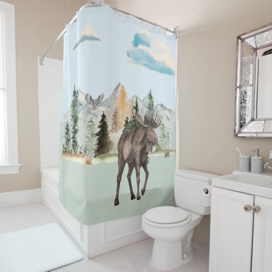 Moose Waterverf Woodland Animal Forest Cabin Douchegordijn (In situ)