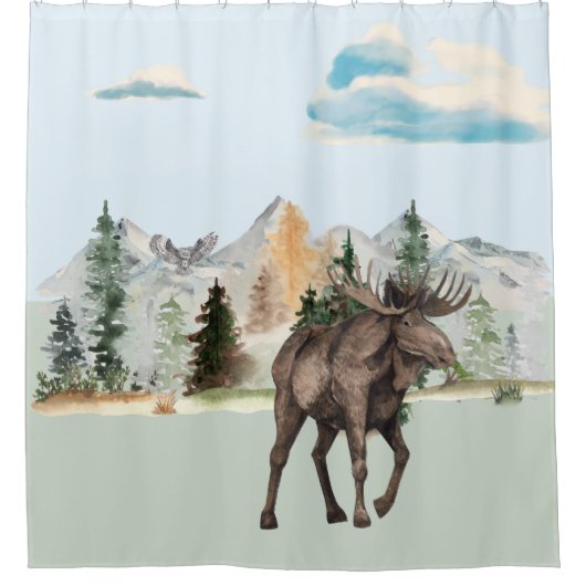 Moose Waterverf Woodland Animal Forest Cabin Douchegordijn (Voorkant)