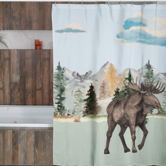 Moose Waterverf Woodland Animal Forest Cabin Douchegordijn