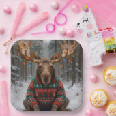 Moose Wearing Ugly Christmas Sweater Papieren Bordje (Feest)
