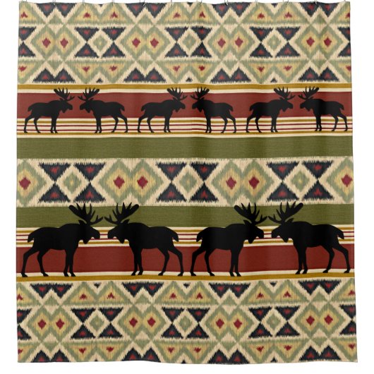 Moose Wildlife Animal Red Green Ochre Ikat Stripes Douchegordijn (Voorkant)