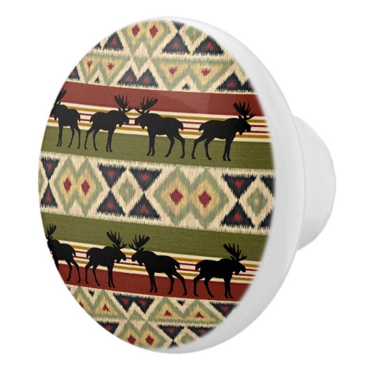 Moose Wildlife Animal Red Green Ochre Ikat Stripes Keramische Knop (Rechts)