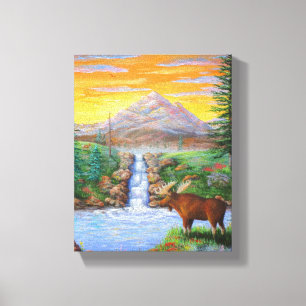 Moose Wildlife Mountain Waterfall Painting Canvas Afdruk