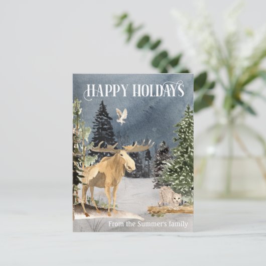 Moose Winterlandschap Waterverf Vakantie Briefkaart (Staand voorkant)