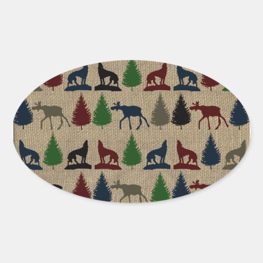 Moose Wolf Pine Tree Rustic Burlap print in openlu Ovale Sticker (Voorkant)
