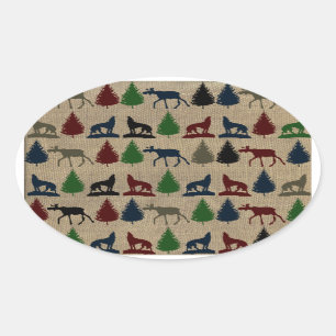 Moose Wolf Pine Tree Rustic Burlap print in openlu Ovale Sticker