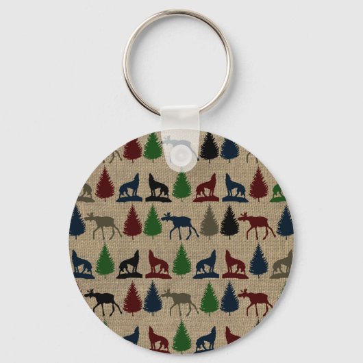 Moose Wolf Pine Tree Rustic Burlap print in openlu Sleutelhanger (Voorkant)