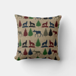 Moose Wolf Pine Tree Rustic Burlap Print Kussen