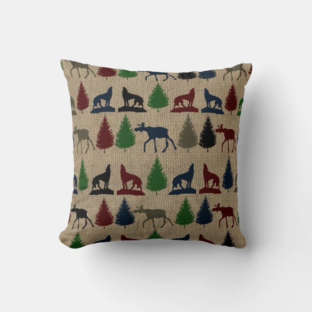 Moose Wolf Pine Tree Rustic Burlap Print Kussen (Voorkant)