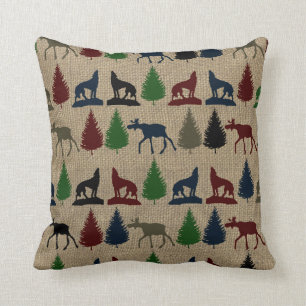 Moose Wolf Pine Tree Rustic Burlap Print Kussen